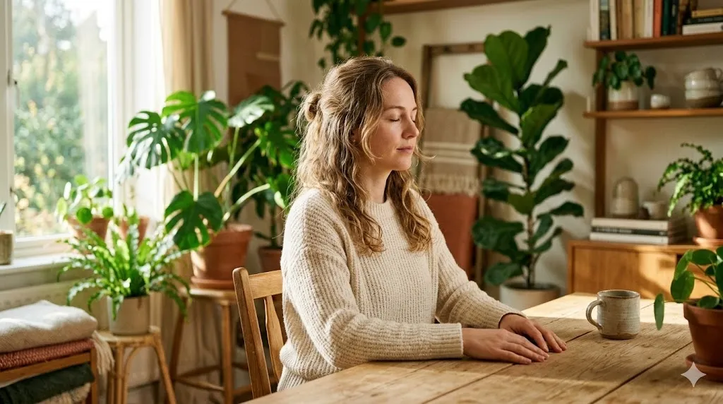 Mujer practicando pausa de calma en oficina luminosa con plantas representando la regulacion del estres que modulan los adaptogenos