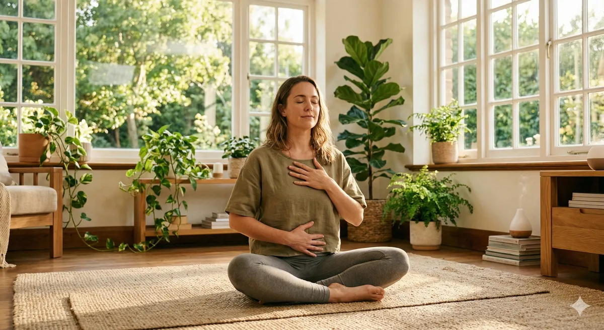 Mujer practicando respiracion diafragmatica como tecnica natural para reducir la ansiedad