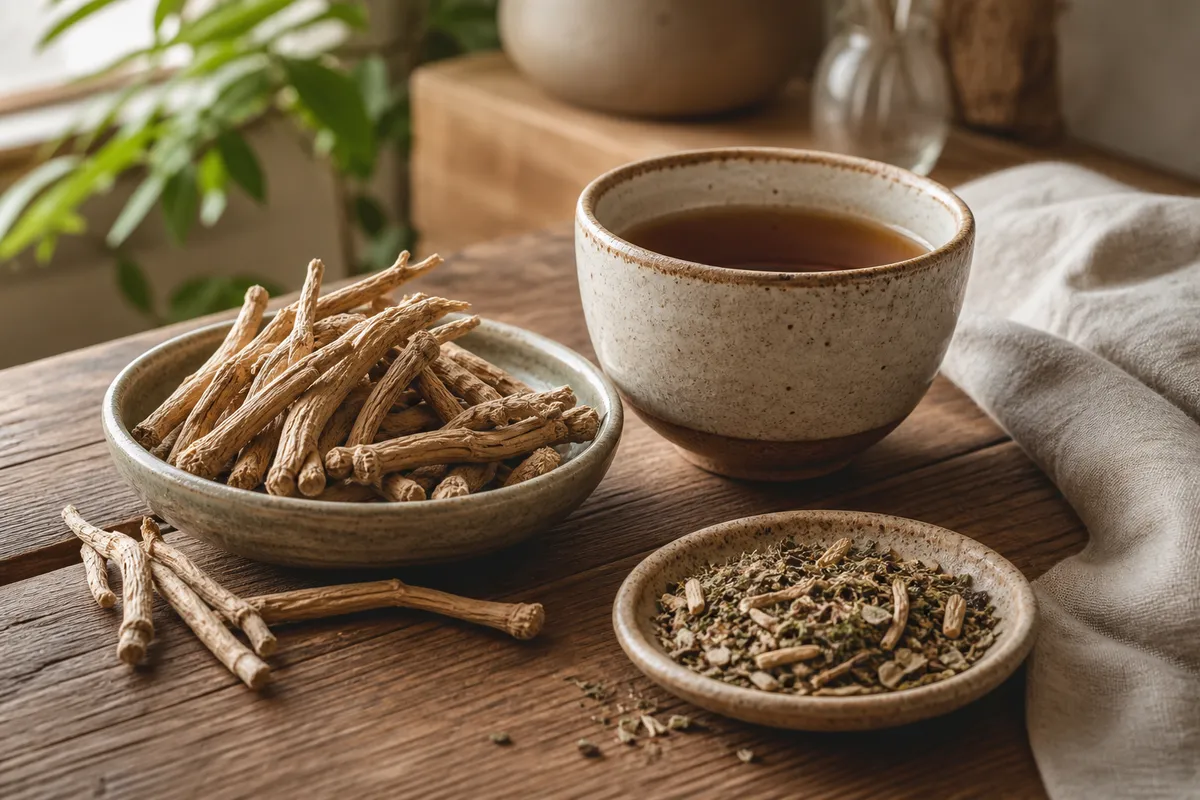 Raiz de ashwagandha para ansiedad junto a te herbal en mesa de madera