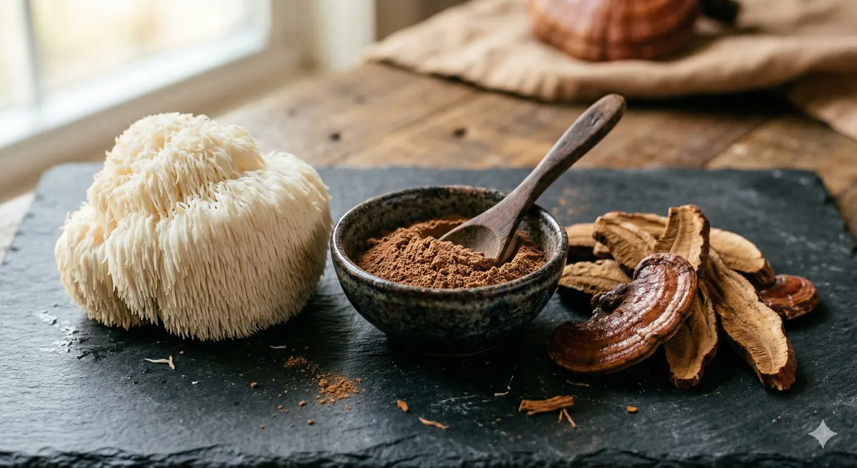 Melena de leon fresca junto a reishi seco y cuenco ceramico con extracto de hongos en polvo sobre superficie de pizarra