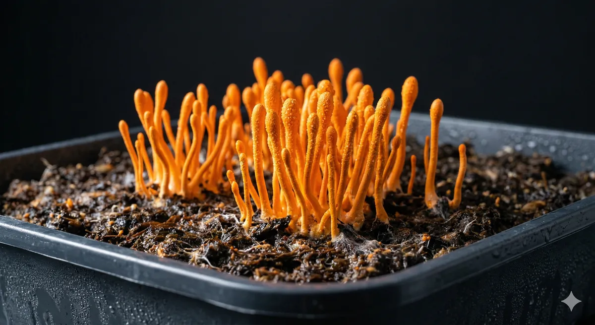 Cordyceps militaris cultivado mostrando cuerpos fructiferos naranja brillante creciendo verticalmente sobre sustrato oscuro
