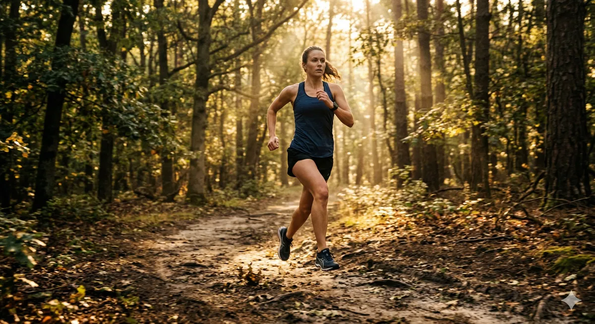 Mujer deportista corriendo por sendero de bosque con luz dorada representando el rendimiento atletico que proporciona el cordyceps