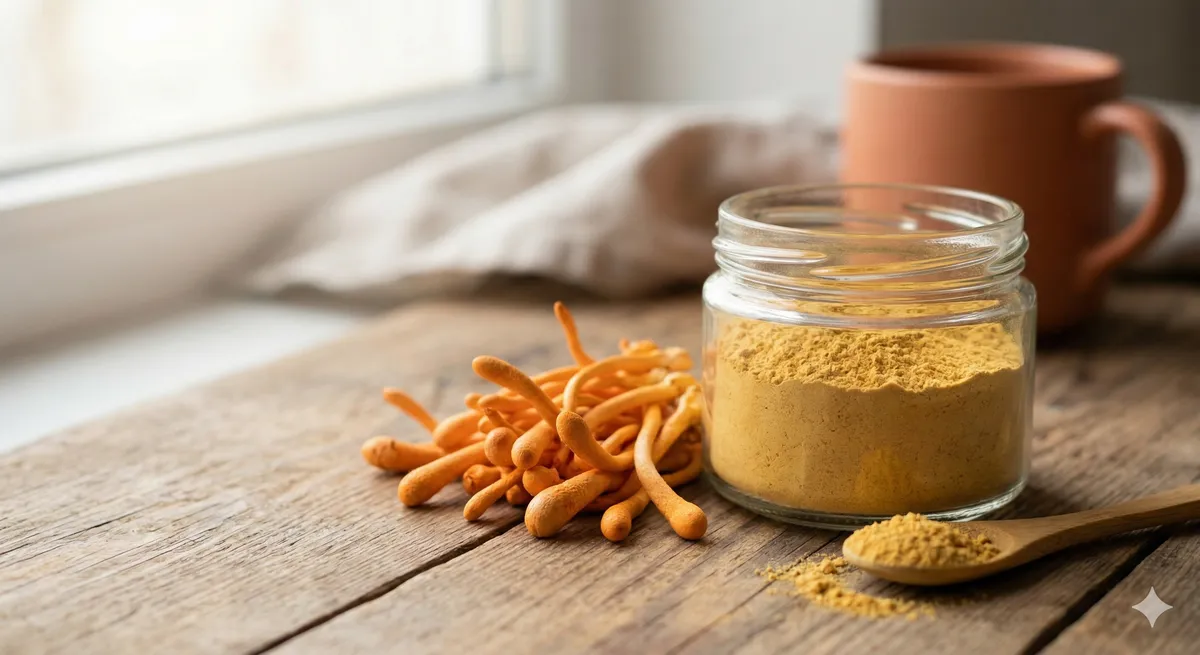 Cordyceps frescos y polvo dorado en tarro de cristal como alternativa natural a la cafeina para energia sostenida