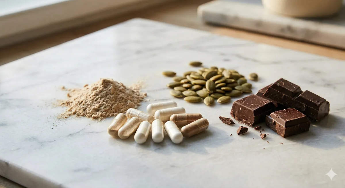 Diferentes tipos de magnesio en capsulas y polvo junto a semillas de calabaza y chocolate negro sobre marmol