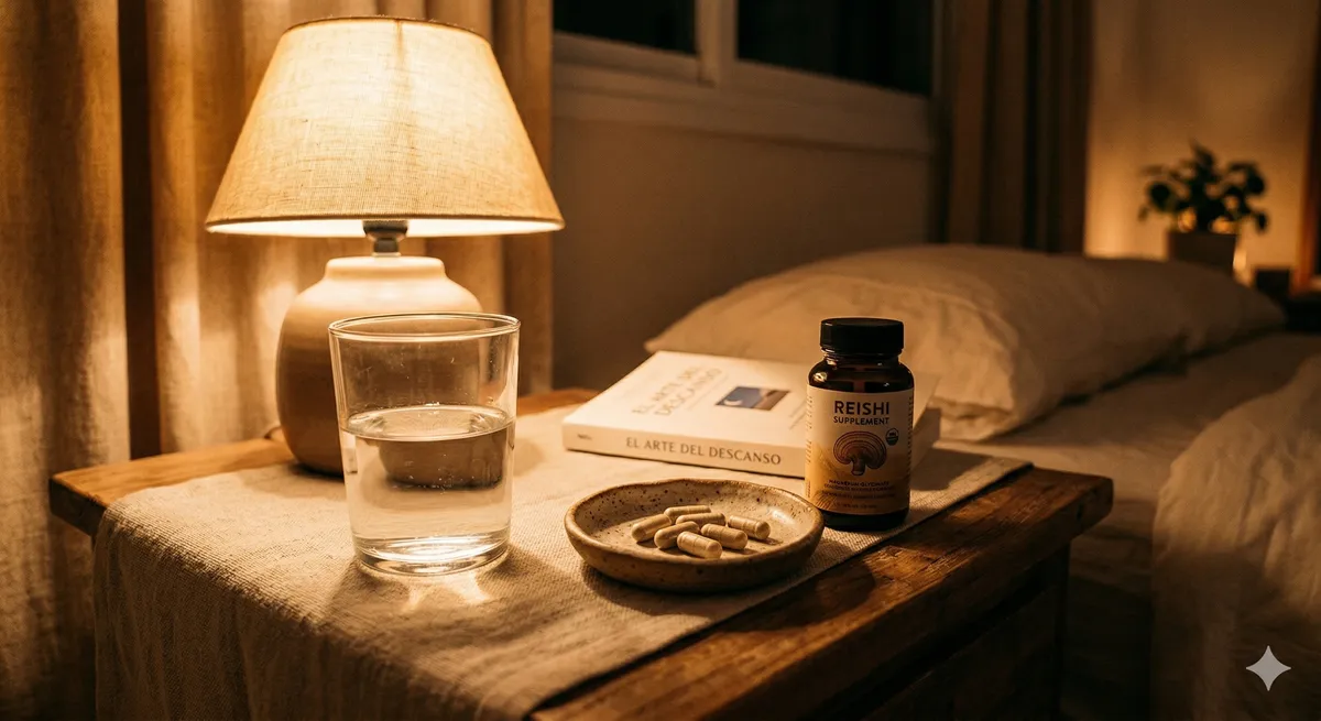 Magnesio glicinato y suplemento de reishi en mesita de noche como sinergia natural para mejorar el sueno