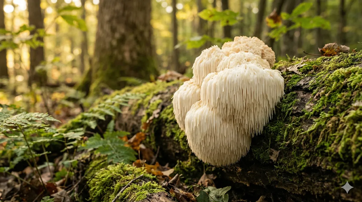 Hongo Melena de Leon fresco creciendo sobre tronco de roble mostrando sus espinas blancas colgantes caracteristicas en bosque natural