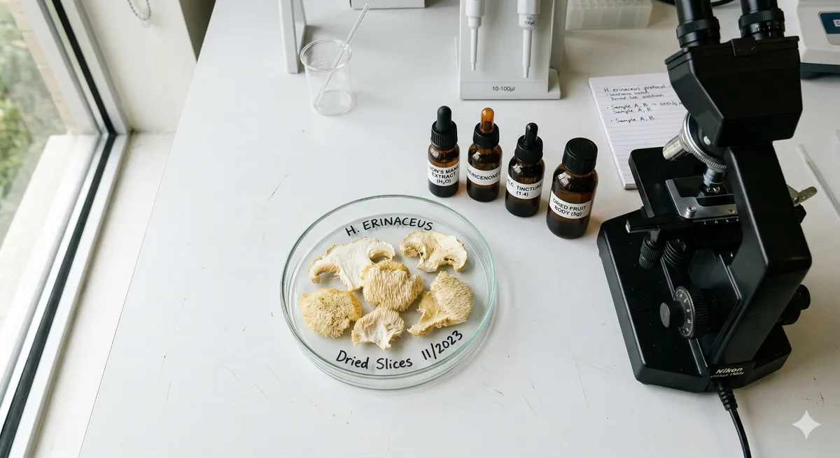 Extracto de melena de leon y rodajas de hongo seco junto a microscopio en laboratorio representando la investigacion sobre hericenones y erinacinas