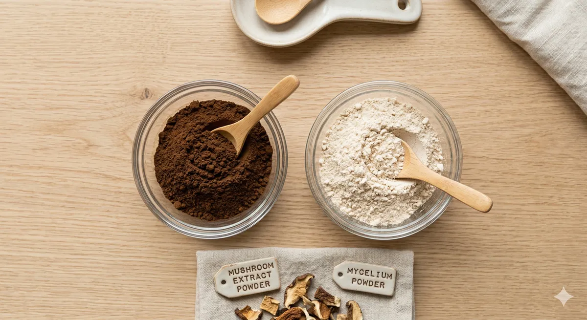 Comparacion visual entre extracto concentrado de cuerpo fructifero de melena de leon y polvo de micelio en sustrato de arroz