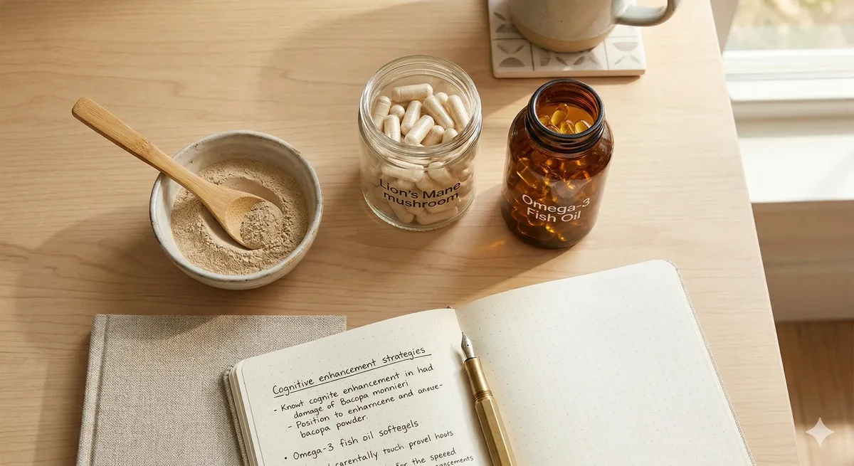 Stack de nootropicos naturales para concentracion y memoria: capsulas de melena de leon, omega-3, polvo de bacopa y libreta