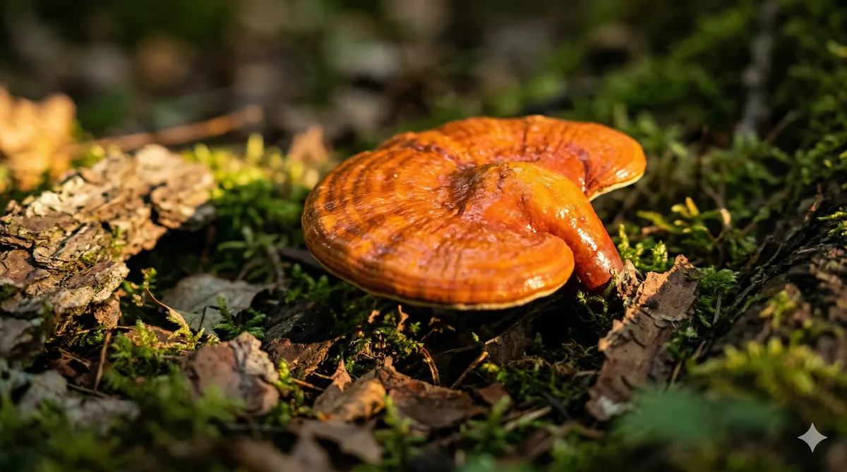 Cuerpo fructifero de Ganoderma lucidum reishi silvestre mostrando su superficie lacada rojo naranja sobre suelo de bosque