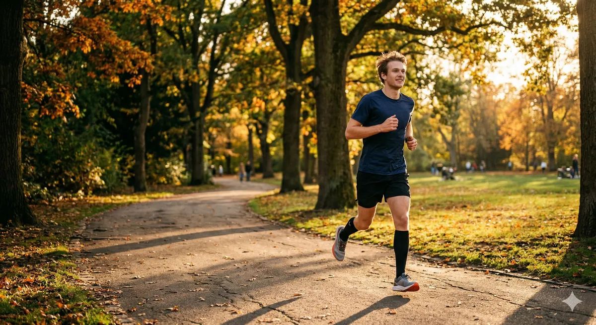 Joven corriendo en un parque arbolado al atardecer con luz dorada como ejercicio complementario para TDAH